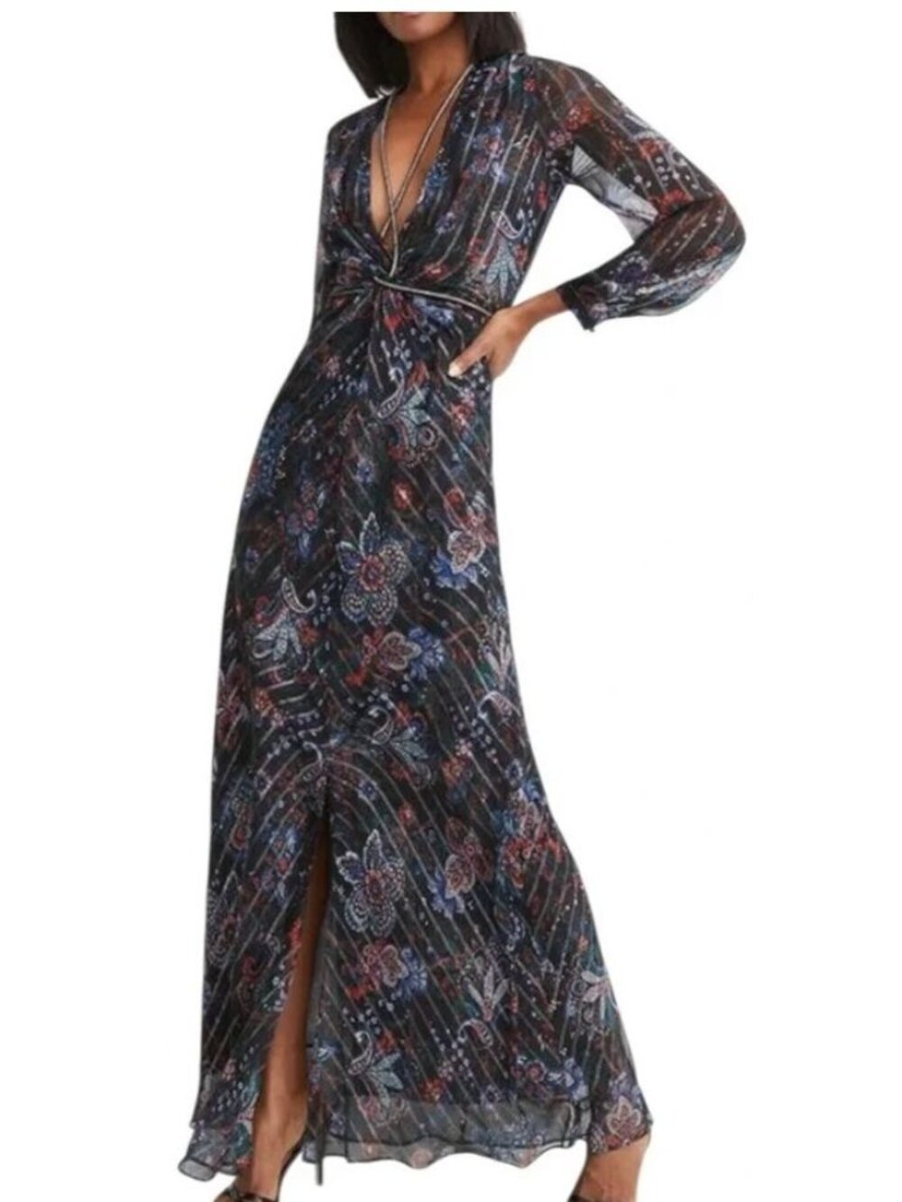 Veronica Beard Kaira Metallic Floral Silk Maxi Dress-sz 6